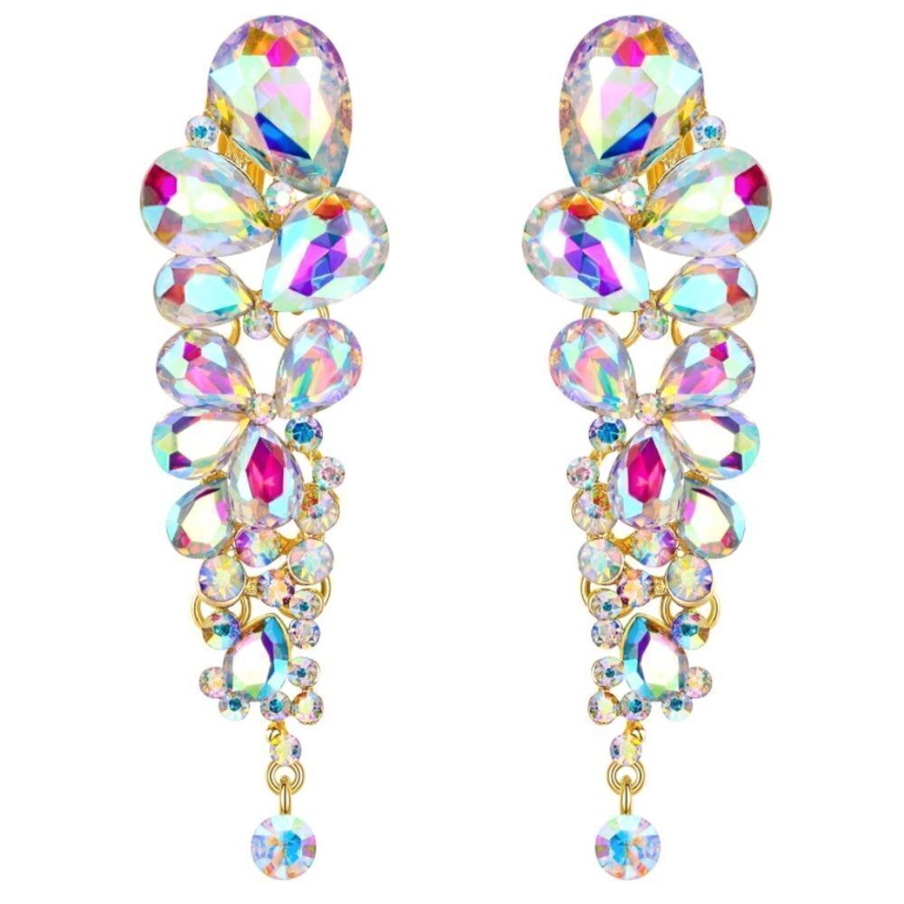 Yellow Gold with Iridescent AB Austrian Crystal Chandelier Clip On Earrings